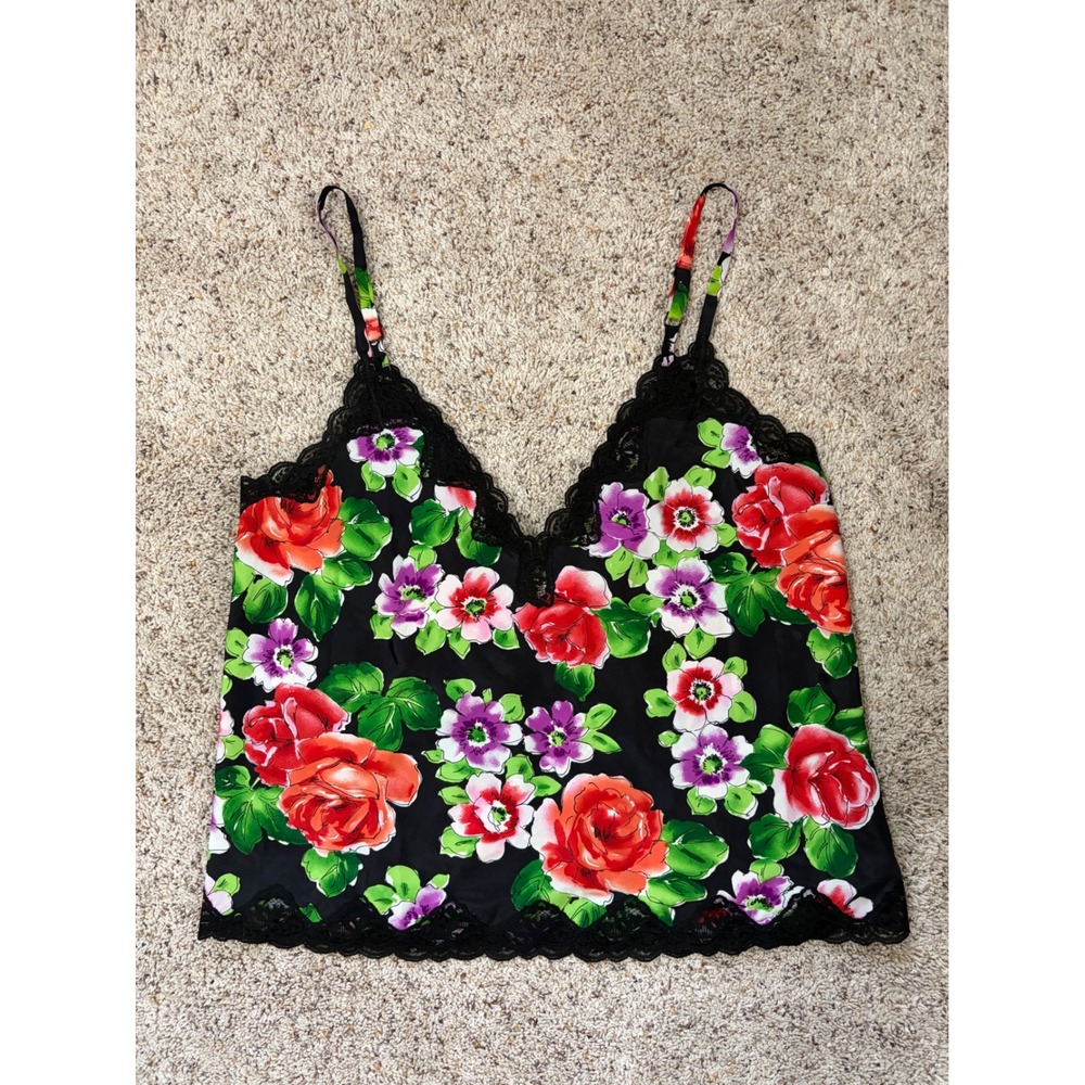 Vintage Victoria's Secret Gold Label Cami Black Floral Lace Trim Tank Top Medium